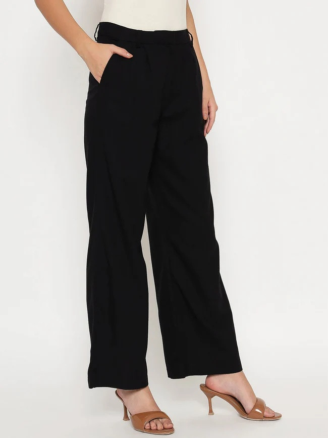 Cotton Blend Black Wide Leg Trousers
